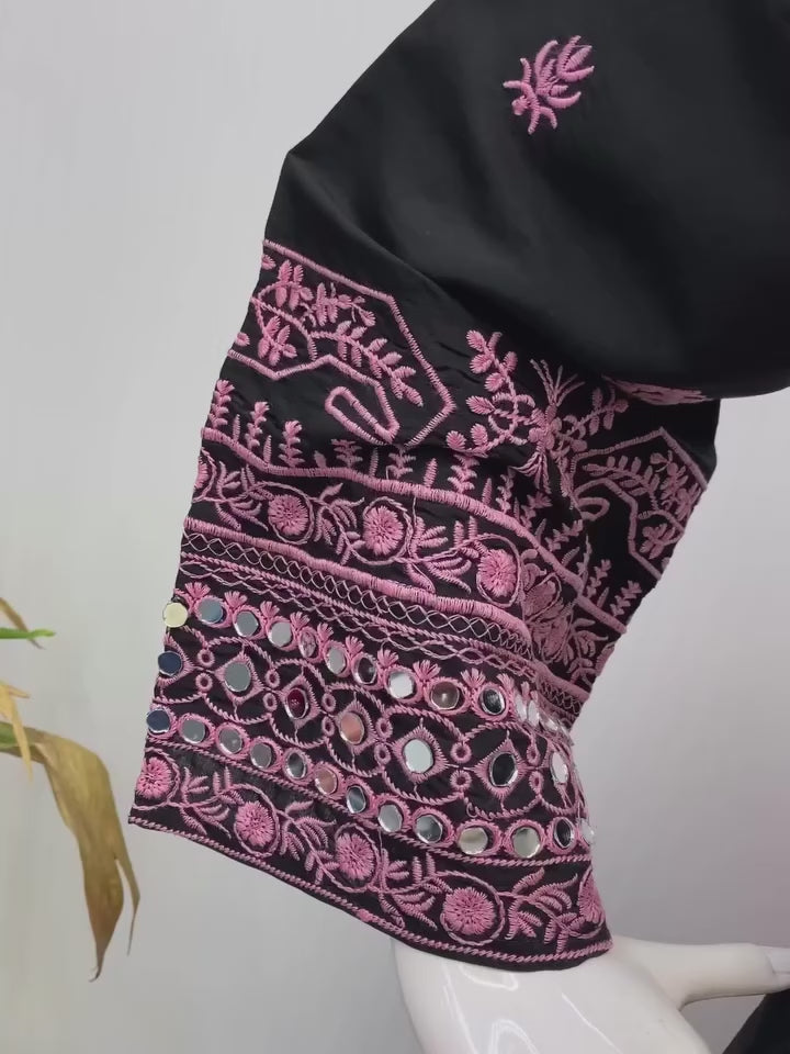 Black & Pink Embroidered Cotton Suit Set with Dupatta – Elegant Ethnic Wear