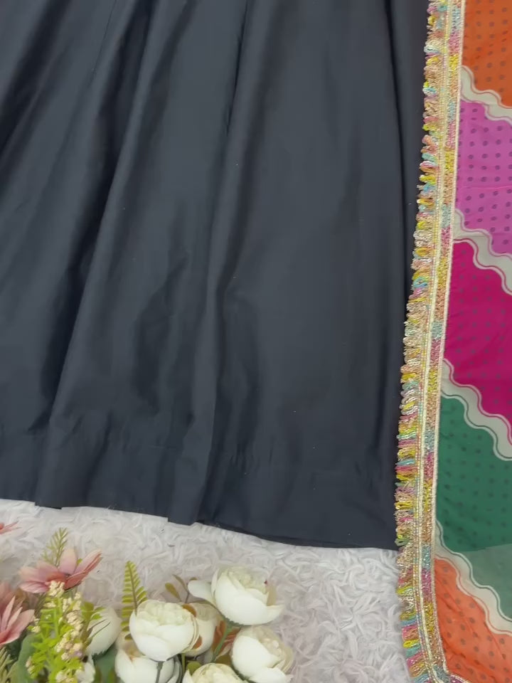 Elegant Black Anarkali Suit with Multicolor Embroidered Dupatta